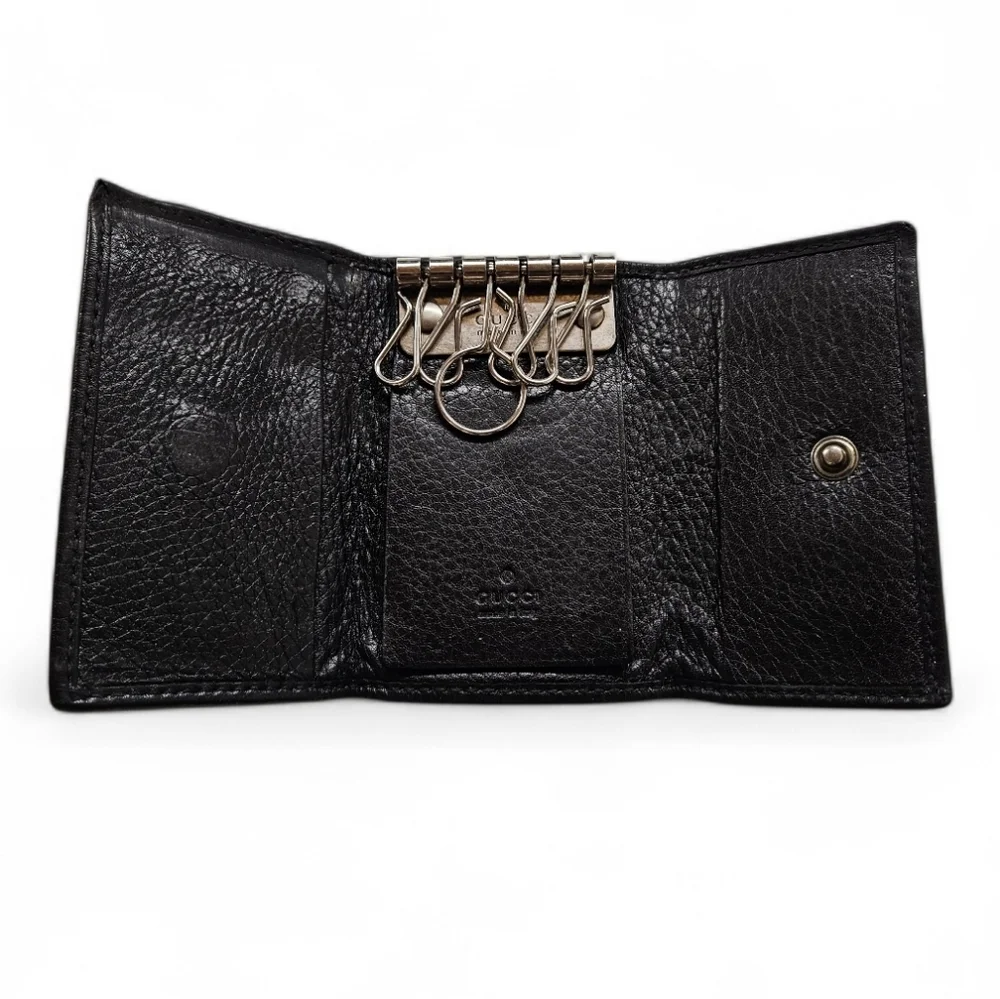 Gucci GG Marmont Black Leather Card And Key Holder Wallet In Black And Silver